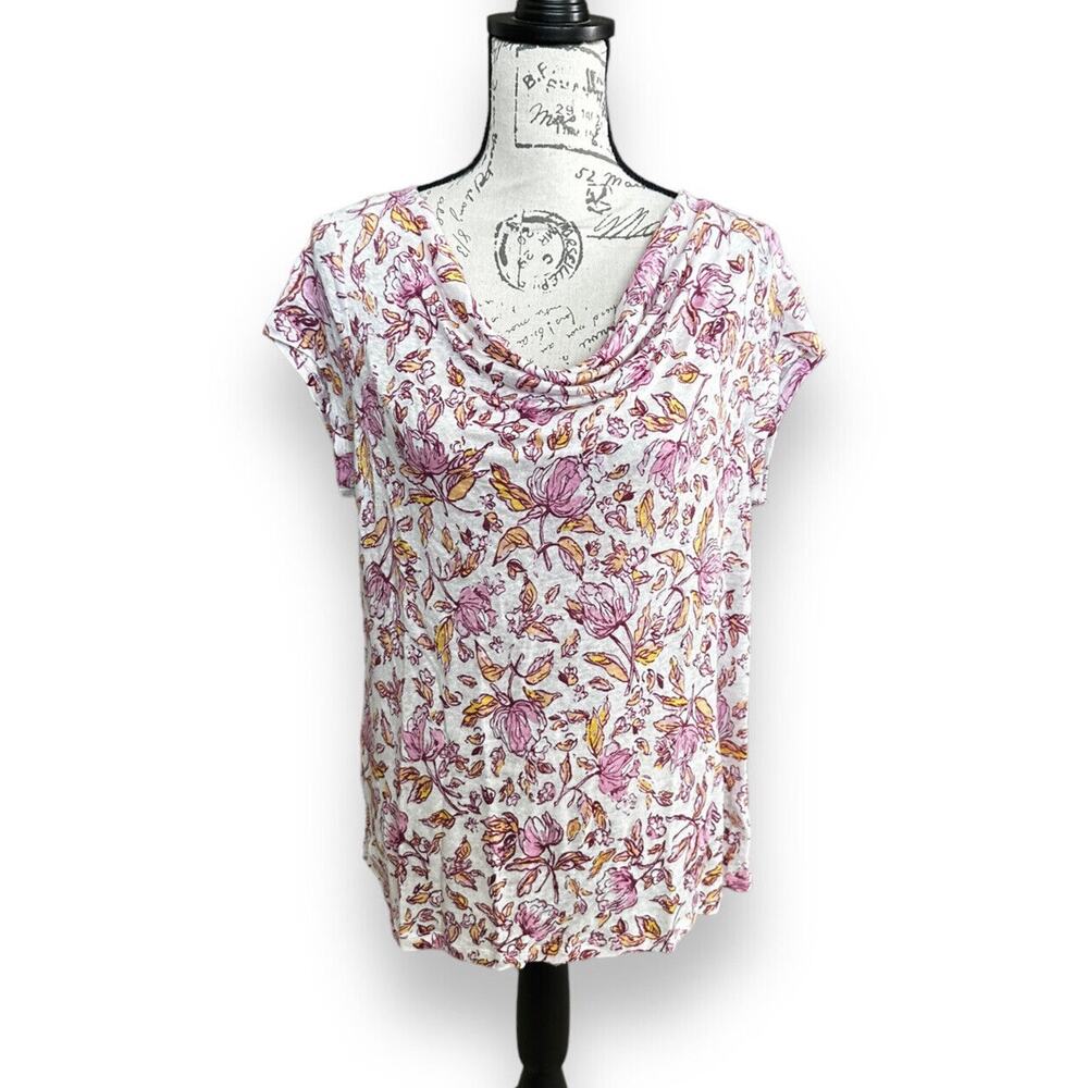 New Haute Hippie Linen Cowl Neck Blouse Pink Floral Print Large